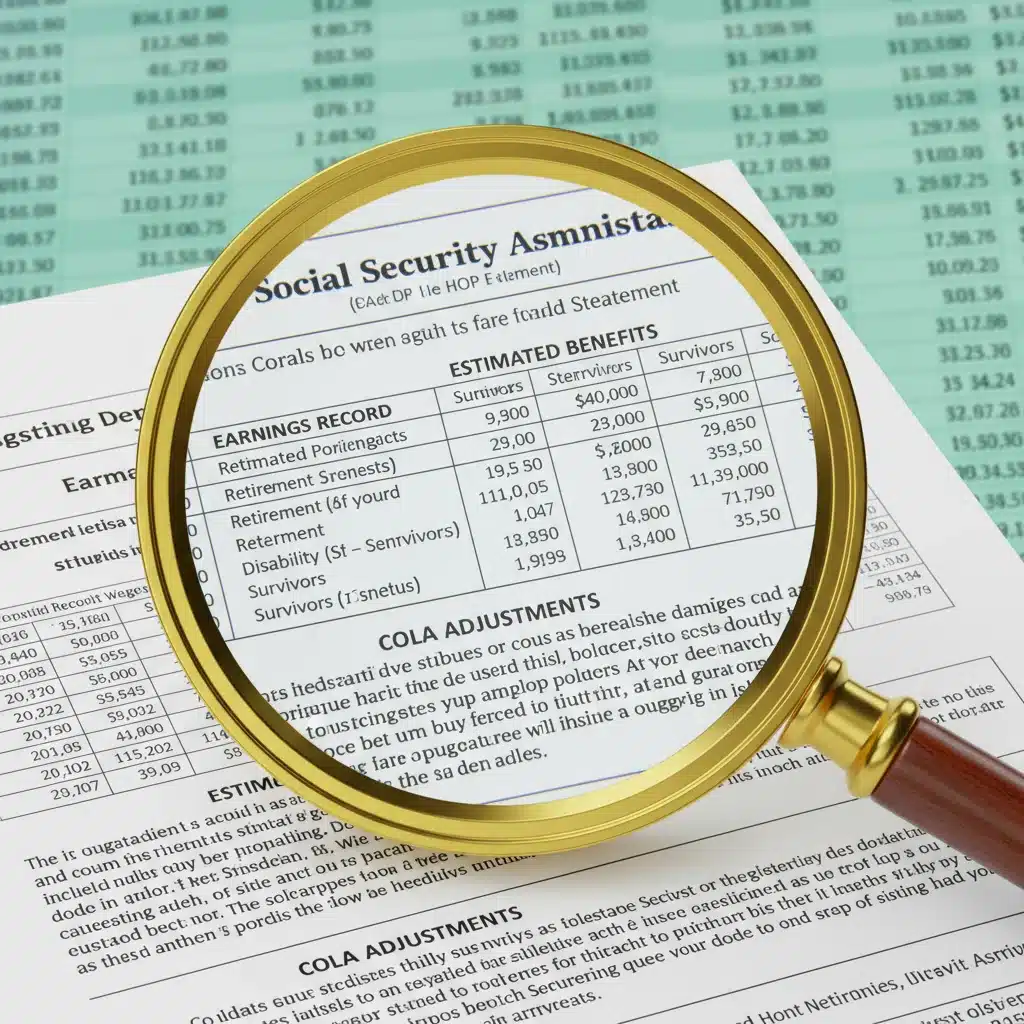 Magnifying glass examining a Social Security statement for accuracy