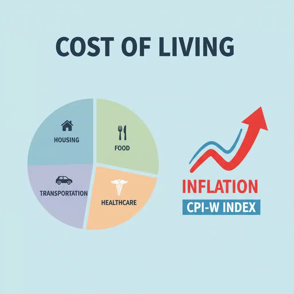 Infographic illustrating the Consumer Price Index for Urban Wage Earners and Clerical Workers (CPI-W) and its components, crucial for COLA calculation.