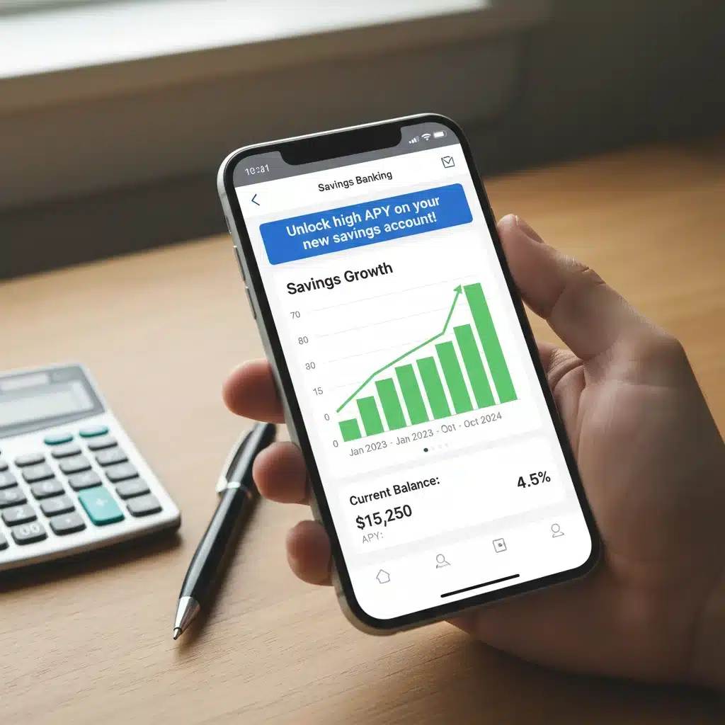 Smartphone displaying banking app with savings growth chart and high APY notification.