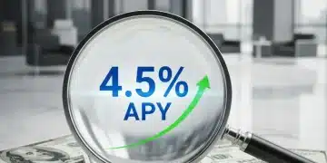 Stack of dollar bills with magnifying glass showing 4.5% APY, symbolizing high-yield savings growth.