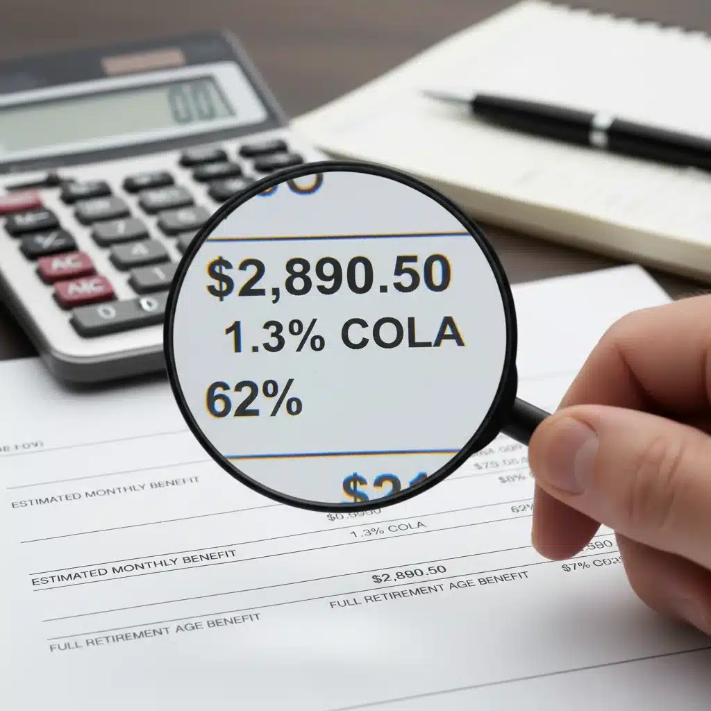 Magnifying glass over Social Security statement, highlighting benefit details and financial planning implications.