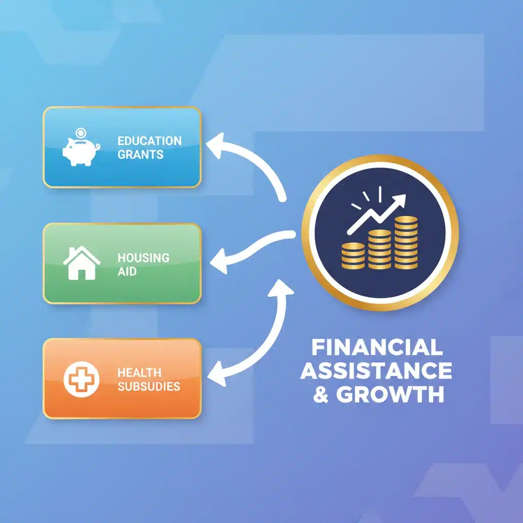 Infographic illustrating three distinct financial benefit programs leading to monetary assistance