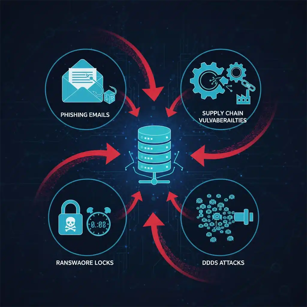 Infographic showing common cybersecurity attack vectors and vulnerabilities.