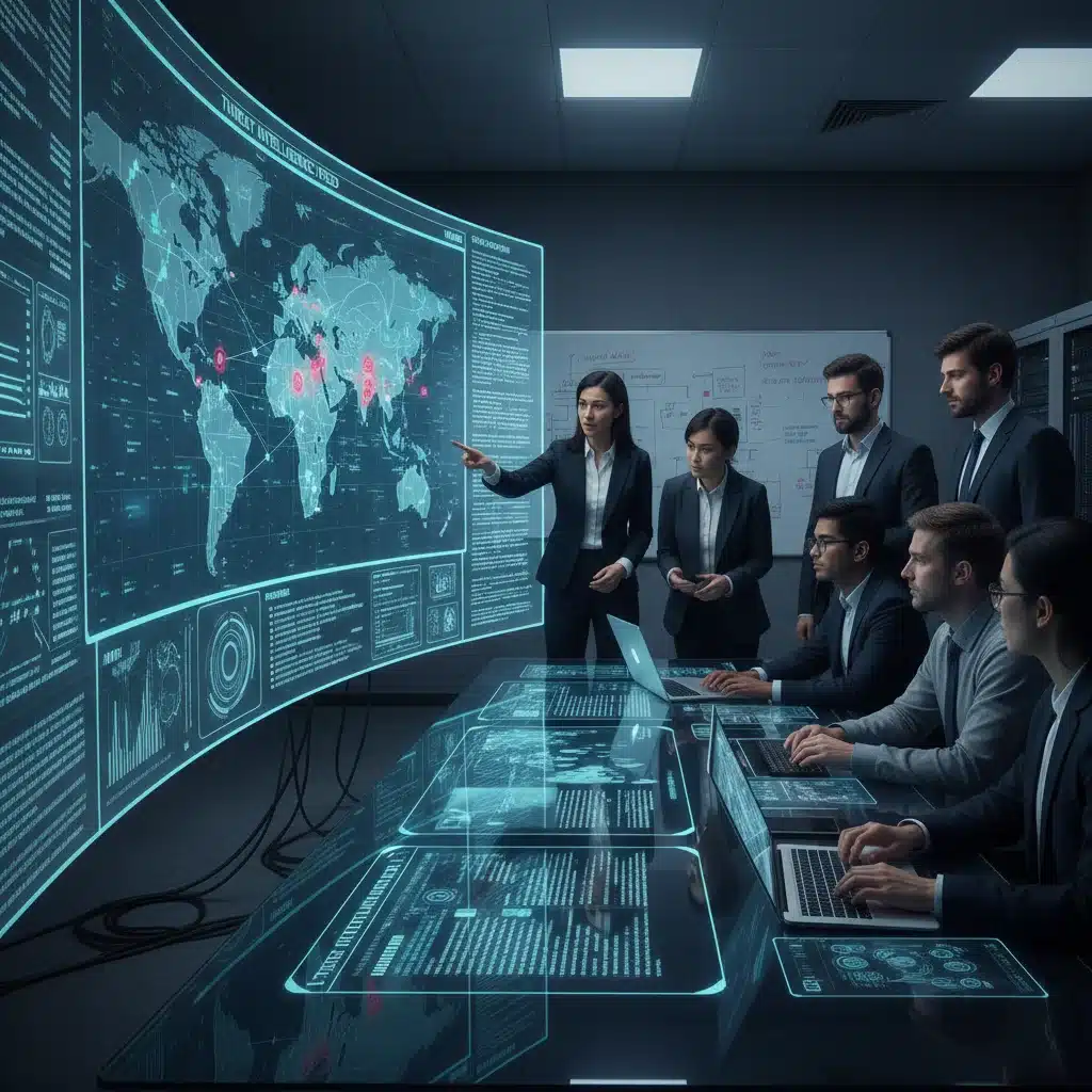 Cybersecurity team collaborating on threat intelligence and defense strategies.
