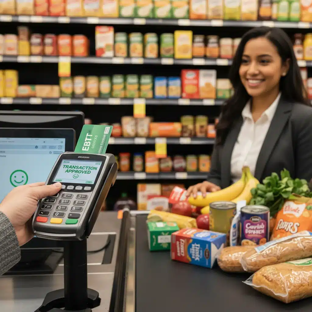 EBT card being used for a grocery purchase at a checkout counter.