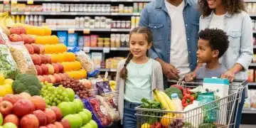 Happy family grocery shopping with full cart, symbolizing maximized 2026 SNAP benefits.
