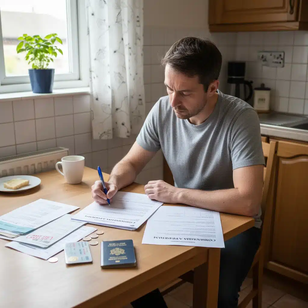 Individual diligently completing a SNAP benefit application form at a kitchen table.