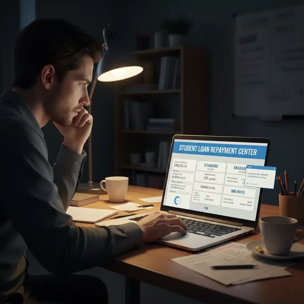 Student evaluating different student loan repayment plans and financial options on a laptop.