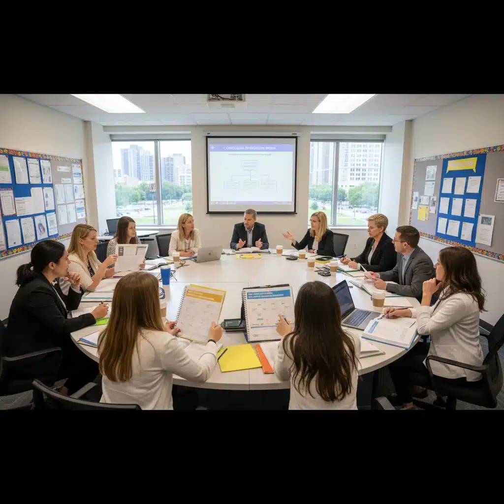 Teachers collaborating on new curriculum under federal guidelines.